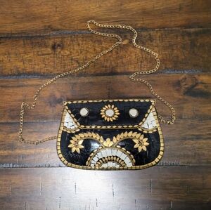 Antik Kraft Amolu Clutch – Black & White Mosaic with Gold Floral Detail